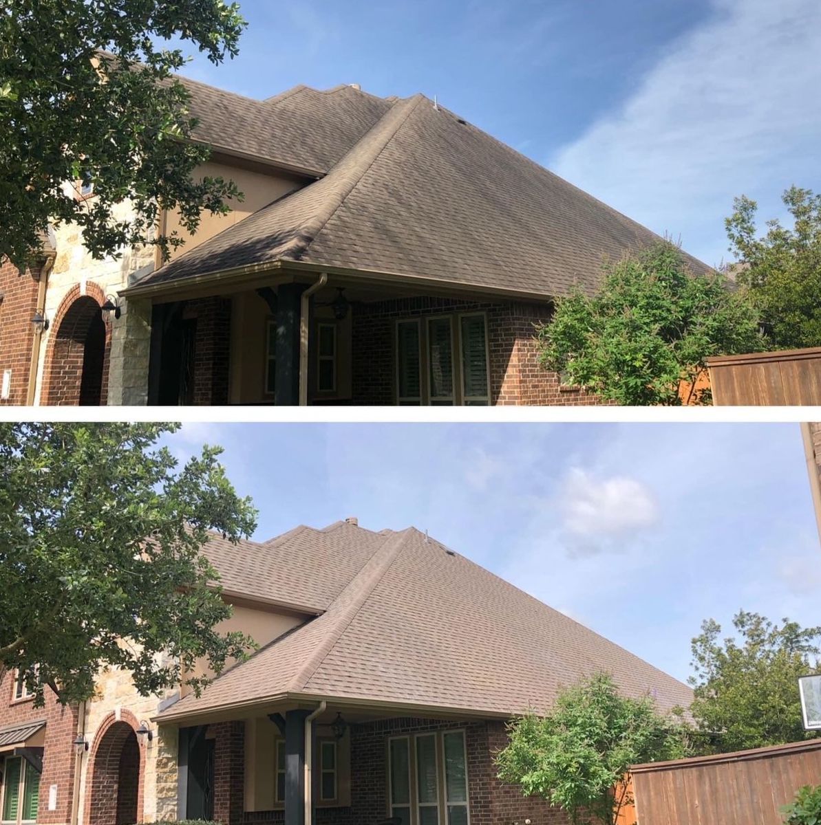 A split-screen view showing a residential roof before and after cleaning, illustrating the removal of dark algae stains.