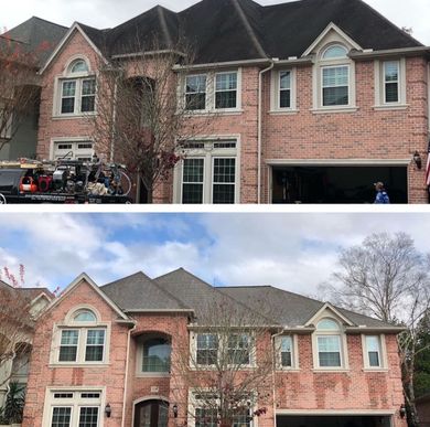 Before and after photos of a brick house showing a roof cleaning service, with the roof transformed from black to clean.
