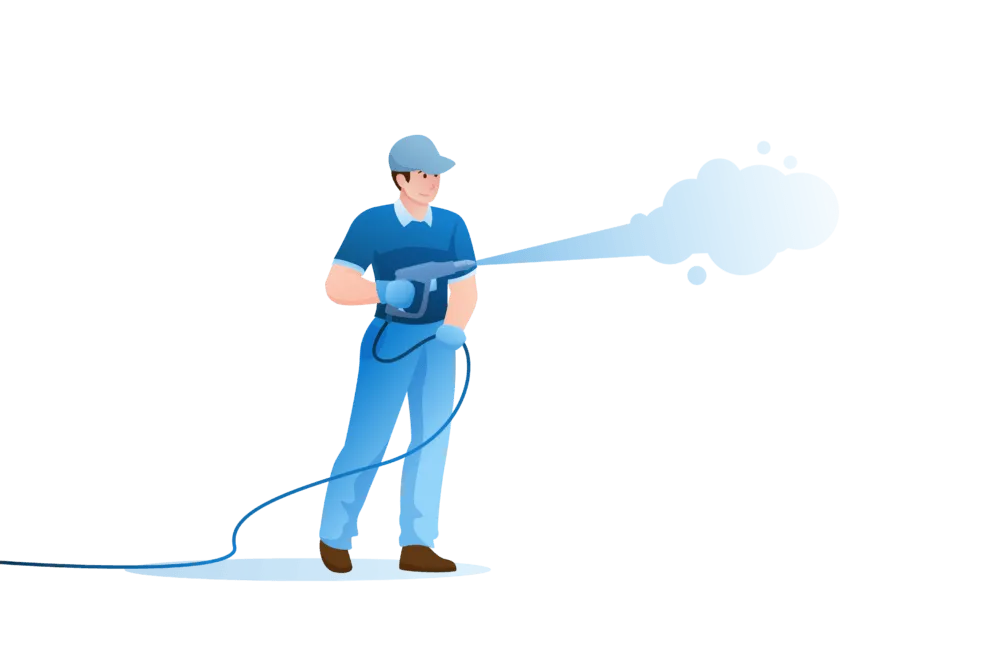 A person in a blue uniform and cap using a high-pressure washer to spray a stream of water.