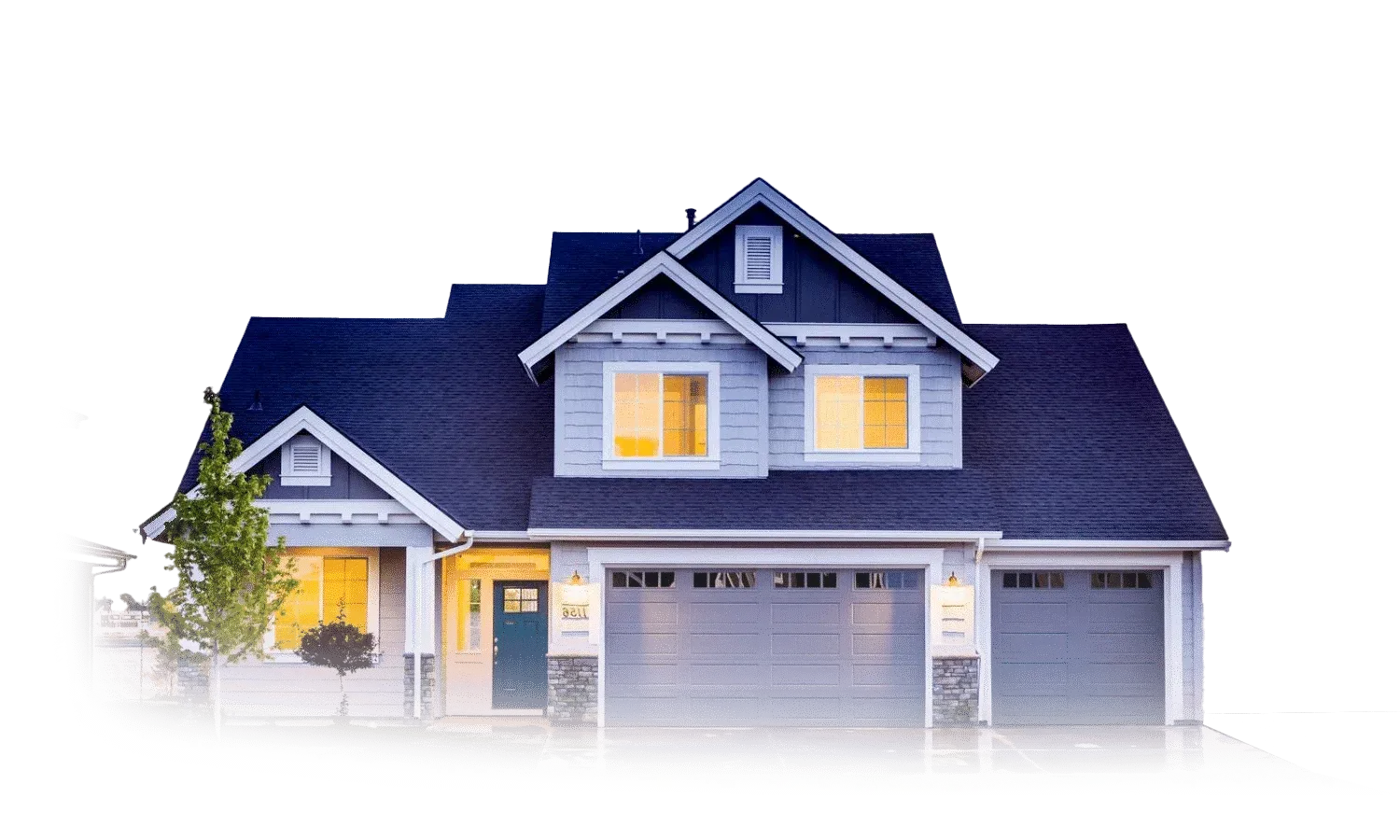 A two-story blue suburban house with a multi-car garage, lit windows, and a small tree in the front yard.