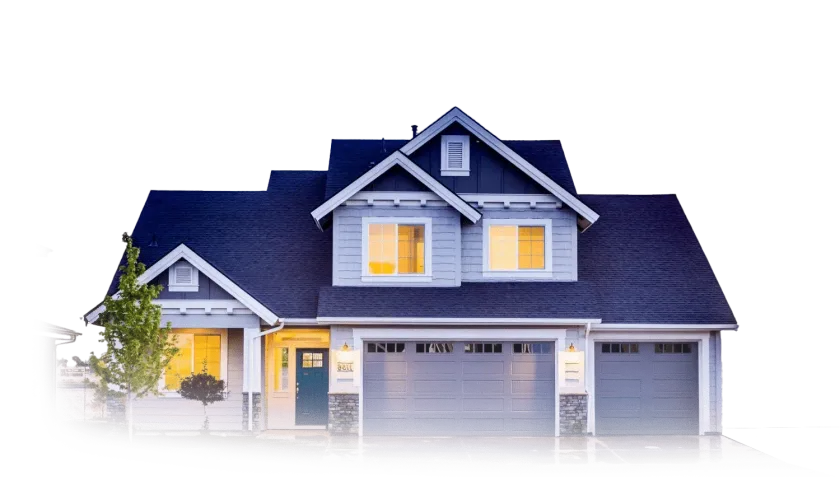 A two-story suburban house with blue siding, a dark roof, a two-car garage, and a blue front door.