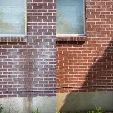 A split-screen comparison shows a brick wall with white efflorescence stains on the left and a clean wall on the right.