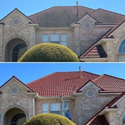 Before-and-after view of a house roof being cleaned, transforming from dark and dirty to a vibrant, bright red.