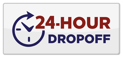 White button with a clock and arrow graphic, text: "24-HOUR DROPOFF".