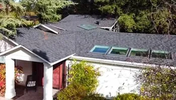 An aerial view of a house with a black roof and skylights.