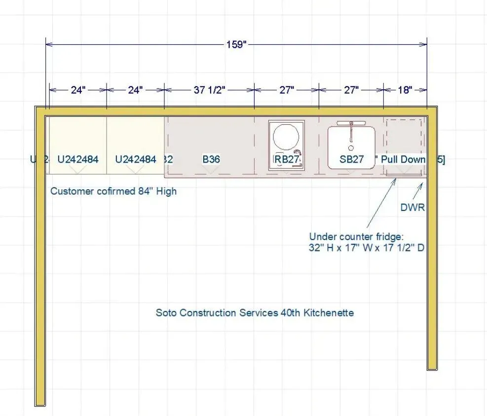 A drawing of a kitchen with measurements on it