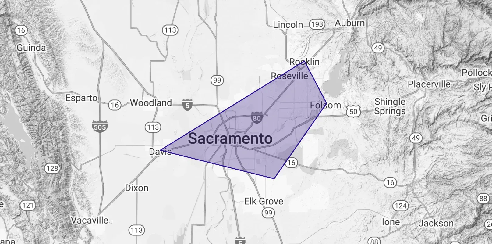 A map of sacramento with a purple triangle in the middle
