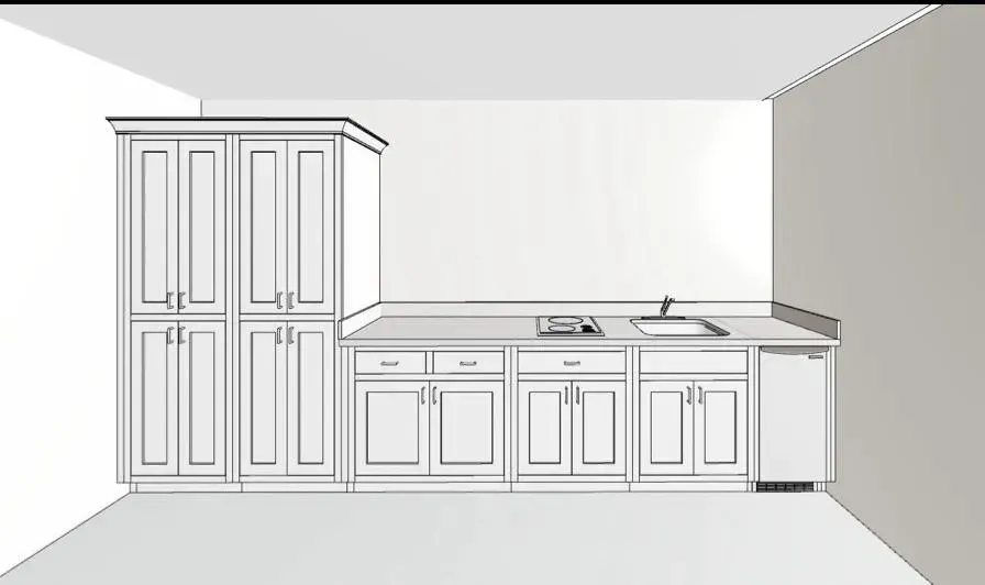 A drawing of a kitchen with white cabinets and a sink