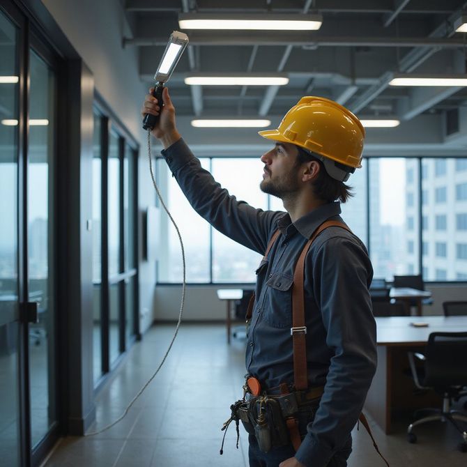 Construction worker in yellow hard hat inspects overhead lights in an office, holding a light.