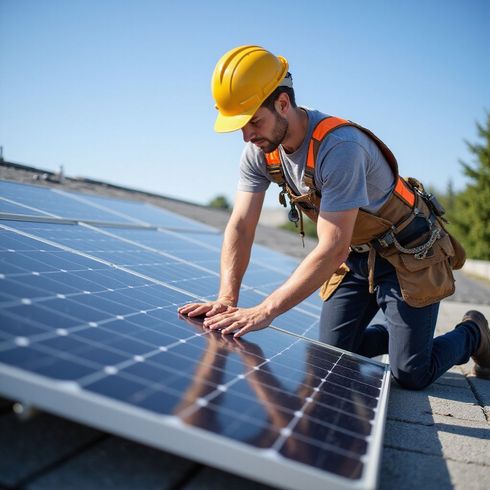 Man in yellow helmet, kneels on roof, inspecting solar panel array.