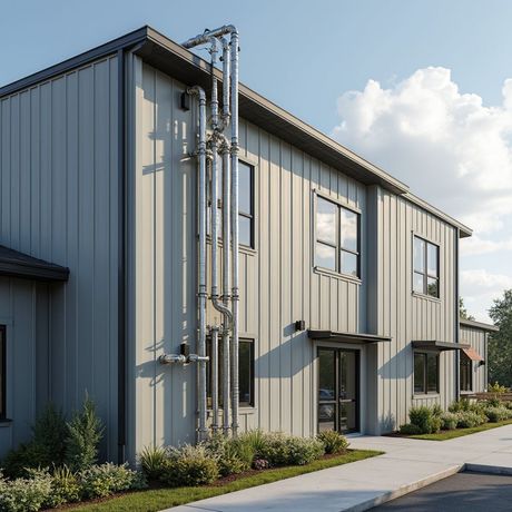 Gray industrial building with metal siding and external piping; entrance, windows, and landscaping present.