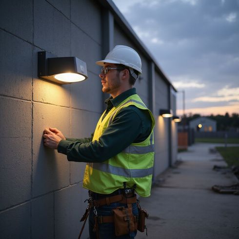 Construction worker in a yellow vest and hard hat installing an outdoor light on a building.
