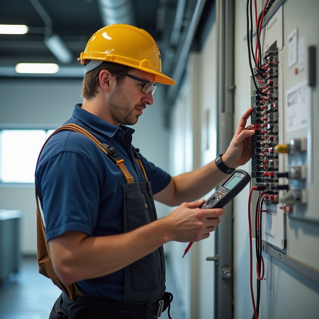 Electrician in a yellow hard hat, examining wiring panel with a multimeter.