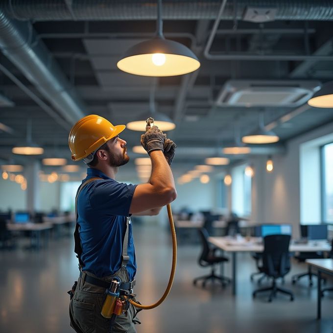 Construction worker with a yellow helmet and gloves repairs a light in an office space.