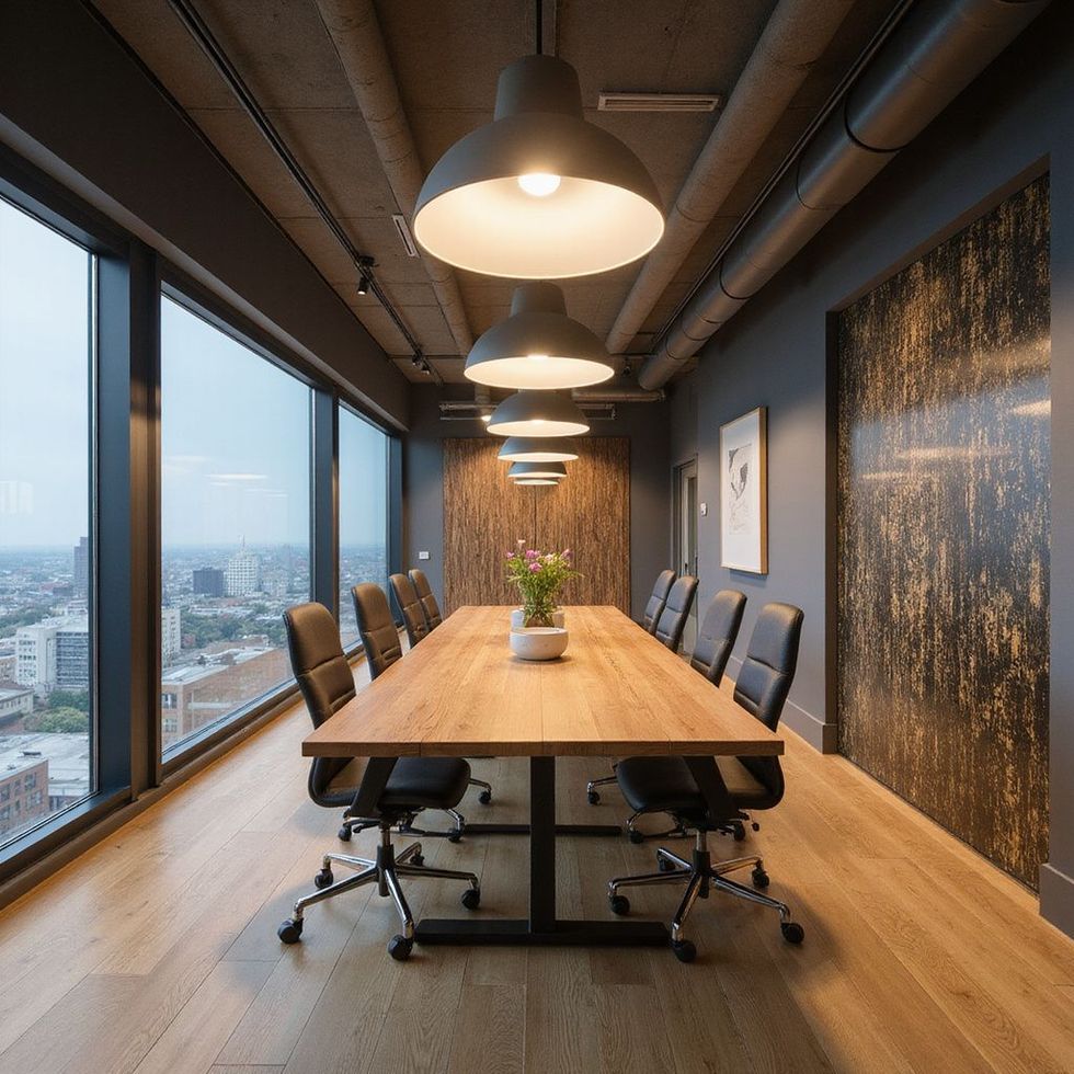 Conference room with large windows overlooking a city, long wooden table, black chairs, pendant lights.