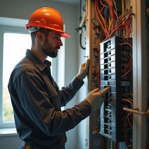 Electrician in orange hard hat working on electrical panel.