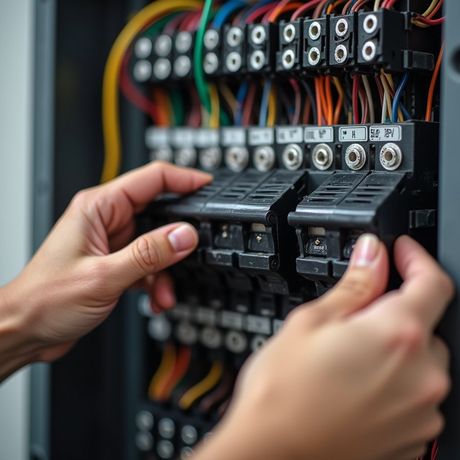 Hands installing electrical components in a panel, wires visible.
