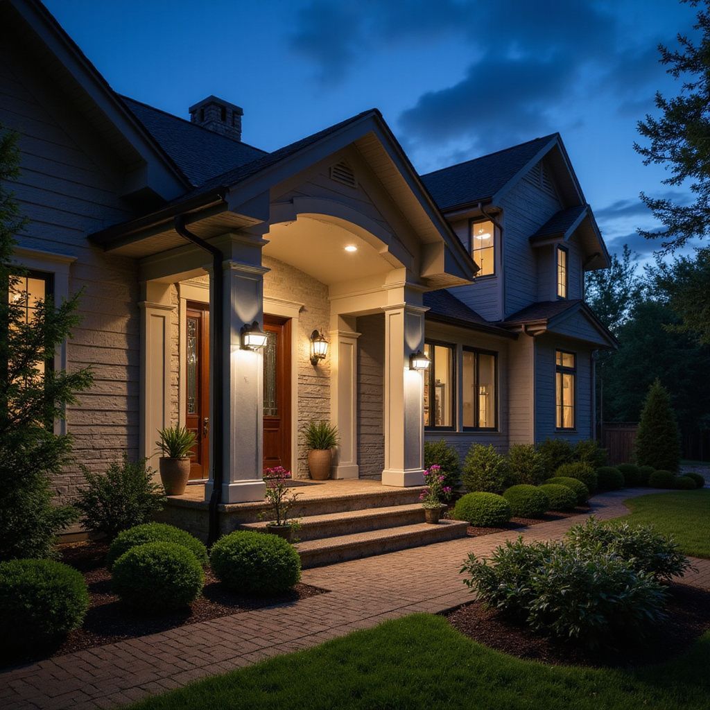 Well-lit two-story house with a brick walkway and landscaping at dusk.