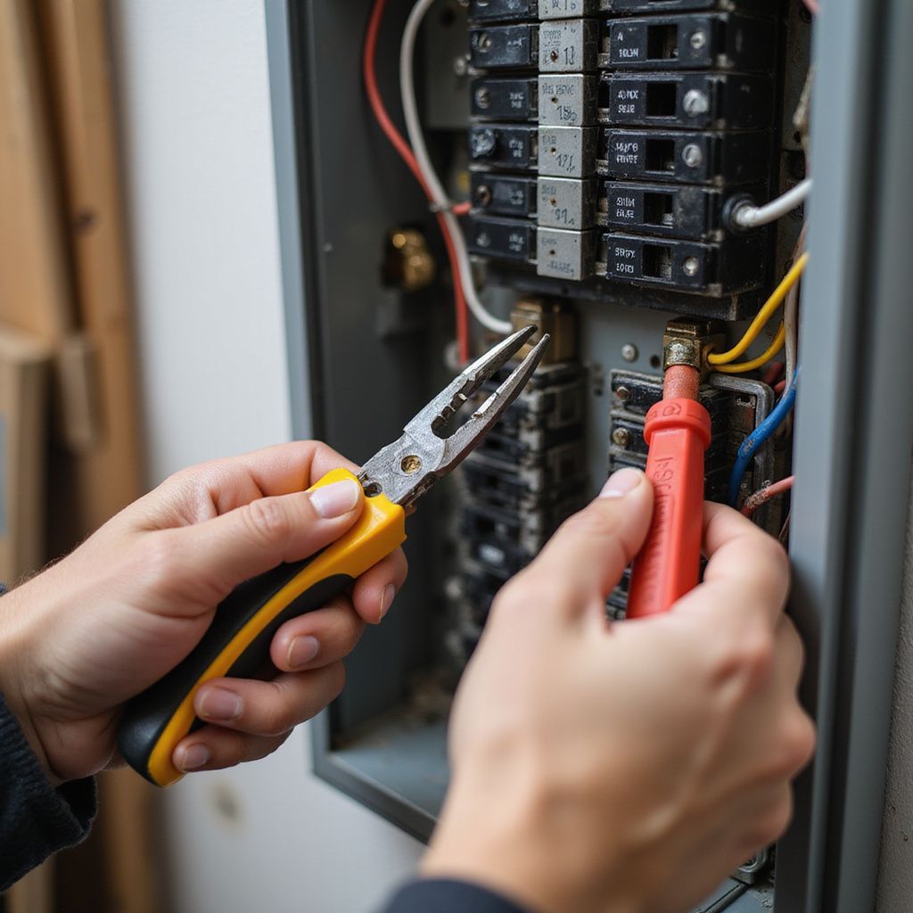 Person using pliers and a voltage tester on an electrical panel, inspecting wires.