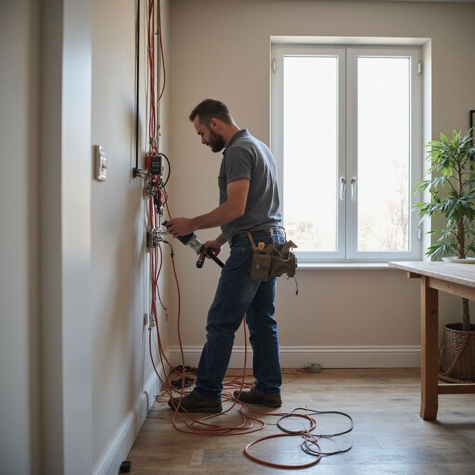 Electrician working on wiring in a room, holding tools, near a window and table.