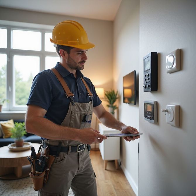 Male technician in hard hat inspecting thermostats on a wall in a living room.