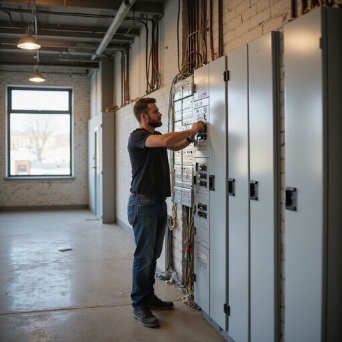 Man working on electrical panel in an unfinished room; cables, brick wall, window.