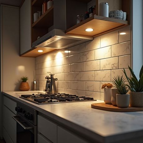 Modern kitchen with overhead lighting, stainless steel appliances, and white subway tile backsplash.