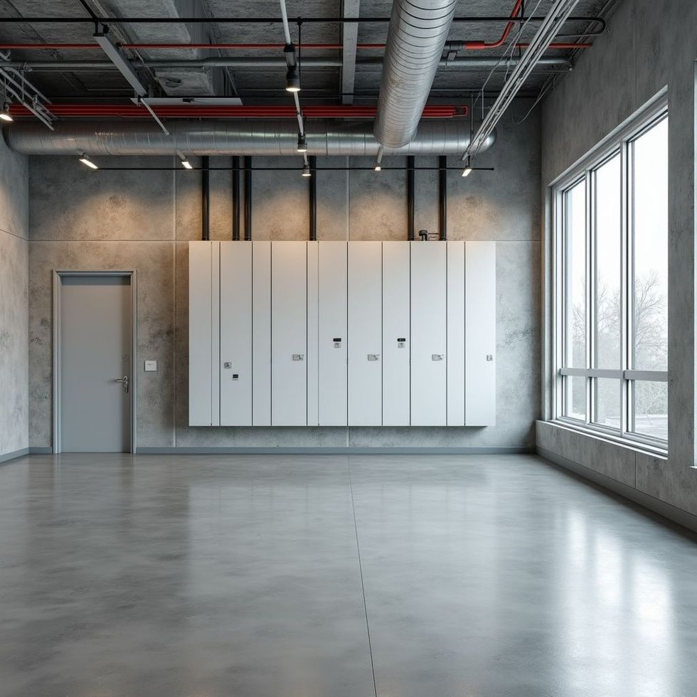Empty industrial-style room with concrete walls/floor, lockers, a window, door, and exposed ceiling pipes.