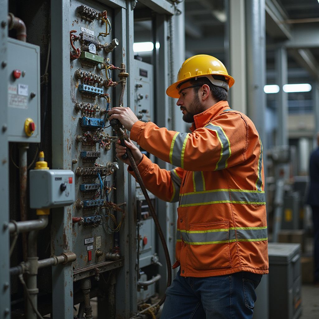 An electrician in an orange safety jacket and yellow hard hat working on an electrical panel.