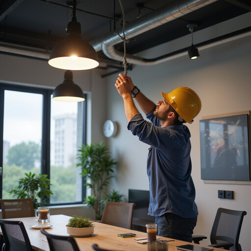 Man in hard hat adjusting a light fixture in an office.
