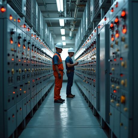 Two technicians in safety gear inspect electrical control panels in an industrial setting.