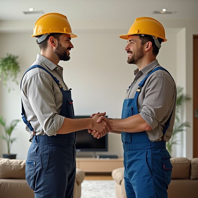 Two construction workers shaking hands, smiling, in a living room. They wear hard hats and blue overalls.