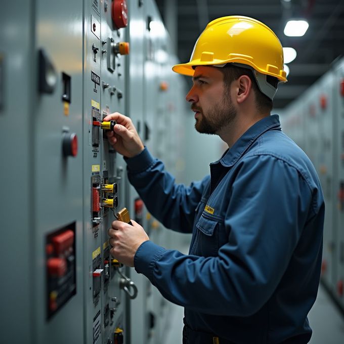 Electrician in a blue uniform and yellow hard hat working on electrical panels.