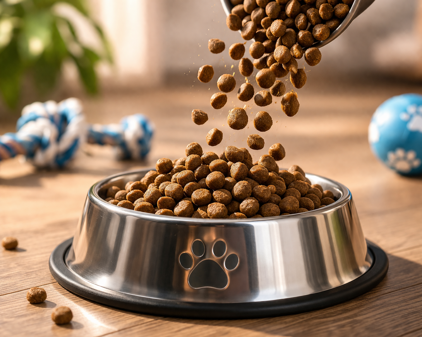 Droog dierenvoer wordt in een glanzende roestvrijstalen kom met een pootafdruklogo gegoten, die op een houten vloer staat.