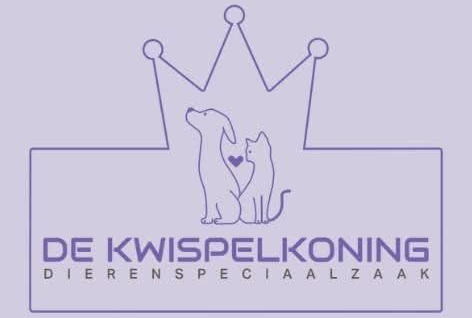 A light purple logo featuring a dog and cat silhouette under a crown with the text "DE KWISPELKONING DIERENSPECIAALZAAK."