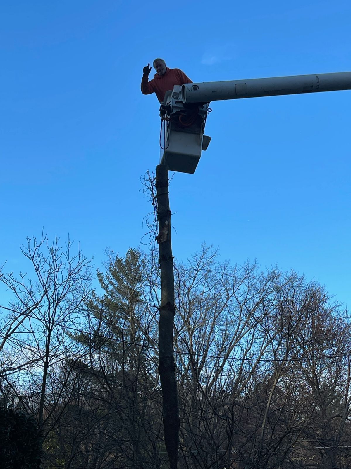 A man in a bucket on top of a pole