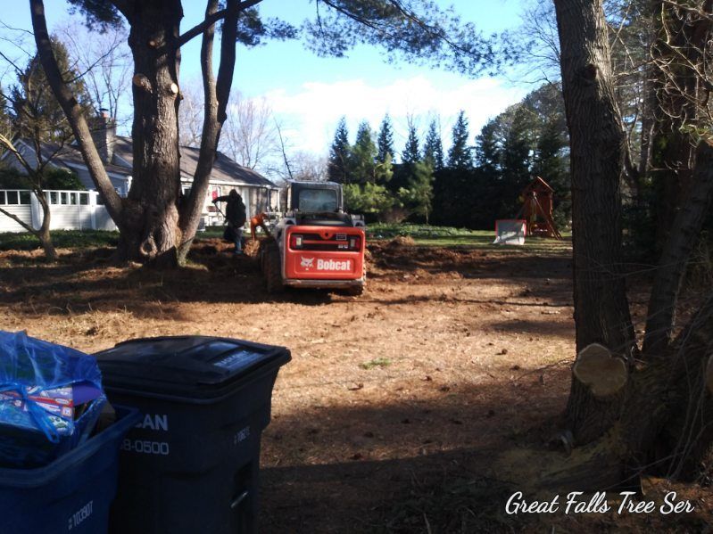 A bobcat tractor is in a yard next to a trash can
