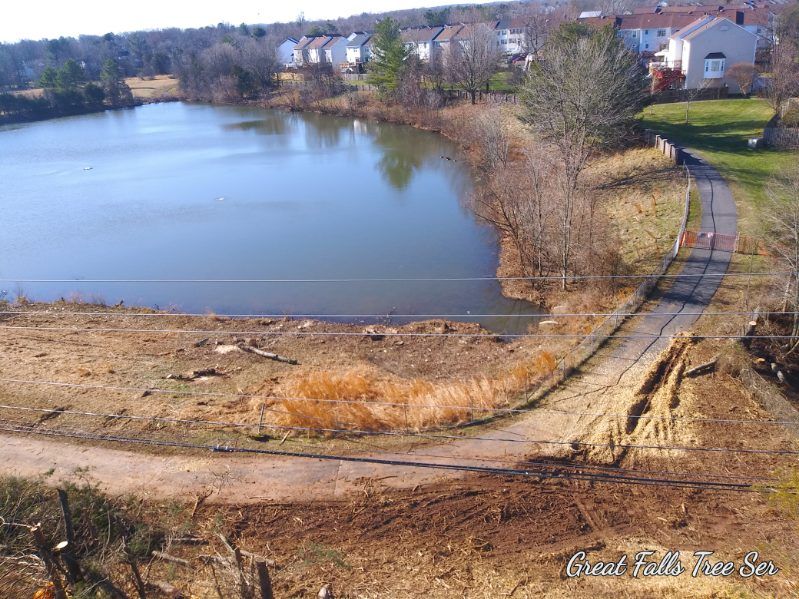 An aerial view of a lake with houses in the background