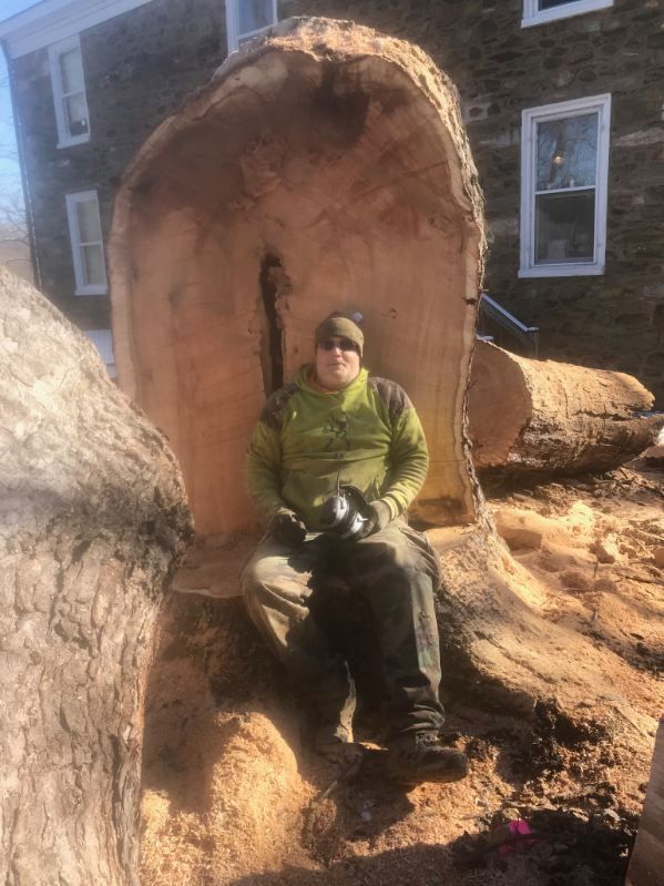 A man is sitting on top of a large tree stump.