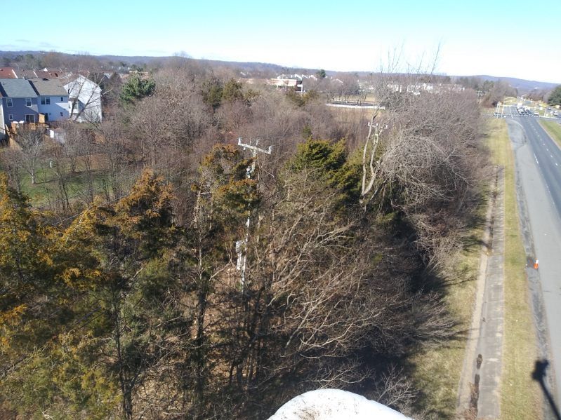 An aerial view of a forest with a highway in the background