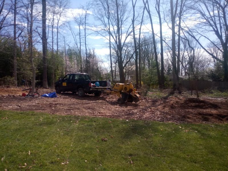 A truck is parked in a yard next to a stump grinder.