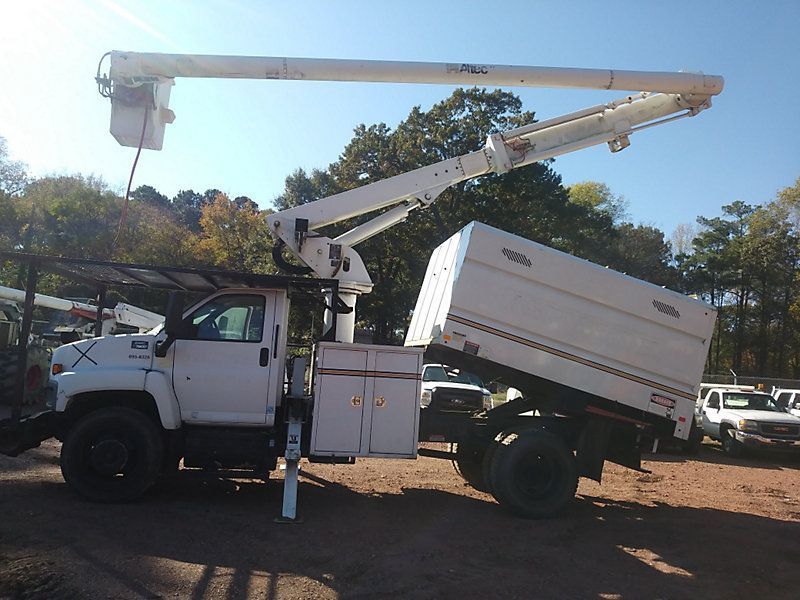 A white truck with a crane on top of it