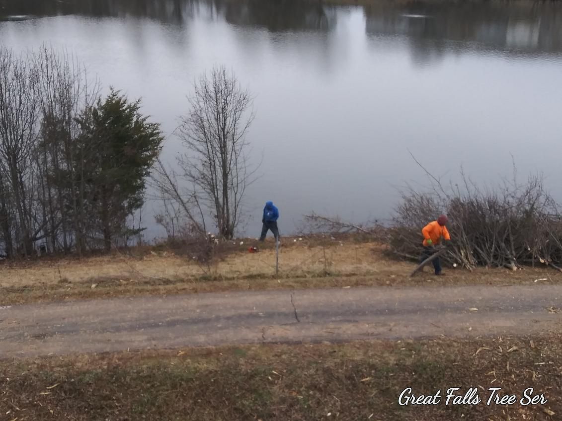 Two people are standing on the shore of a lake.