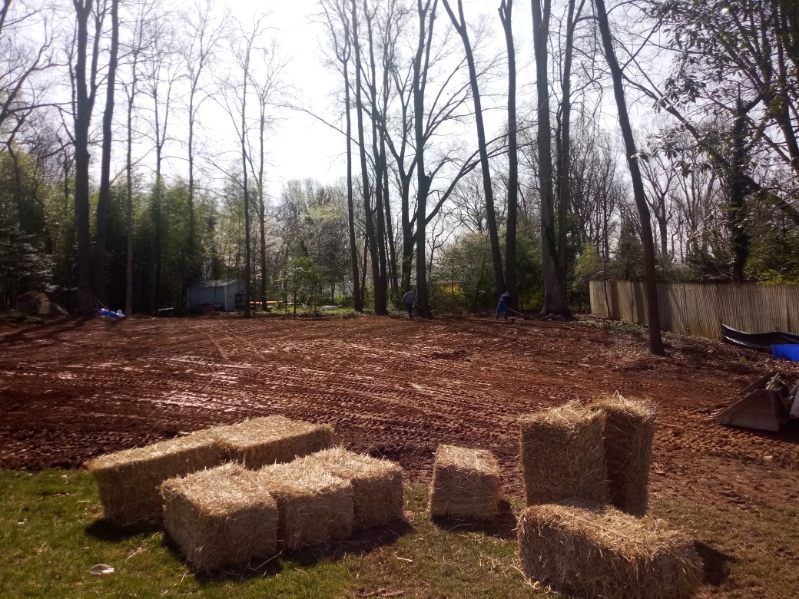 A bunch of hay bales are sitting on top of a dirt field.