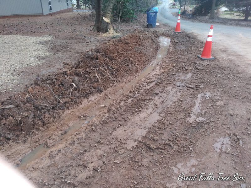 A muddy road with a blue trash can in the background