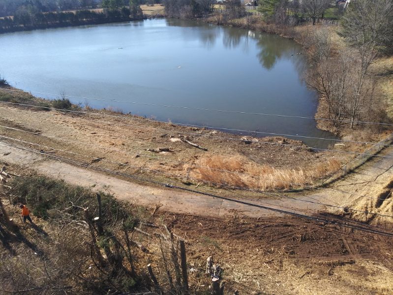 An aerial view of a lake surrounded by trees and dirt.