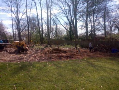 A stump grinder is being used to remove a tree stump in a backyard.