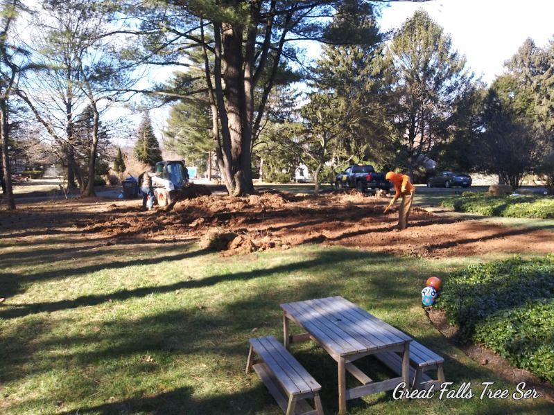 A picnic table is in the middle of a lush green field
