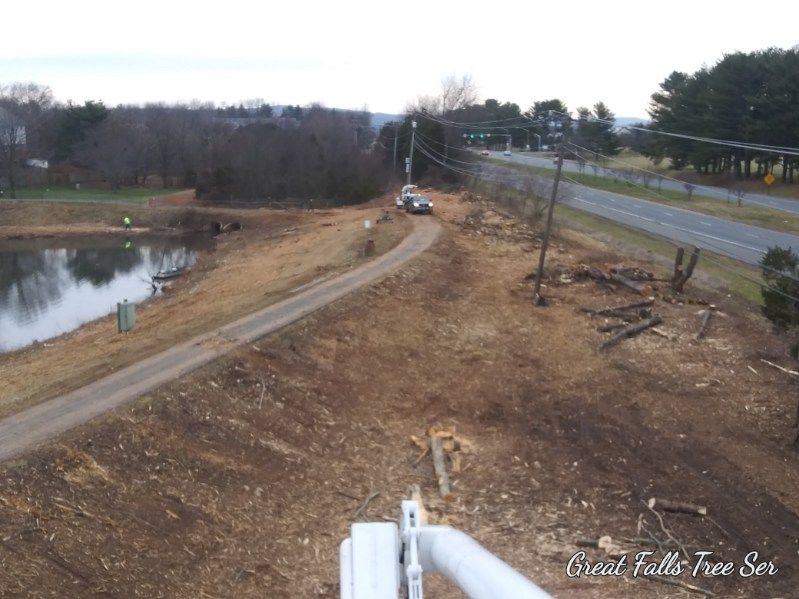 An aerial view of a dirt road and a lake taken by great falls tree service