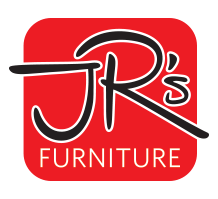 Red and white logo for JR's Furniture. Black cursive 